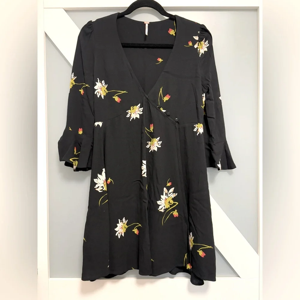 Free People- Time On My Side Black Floral Print Wrap Dress - Picture 1 of 12
